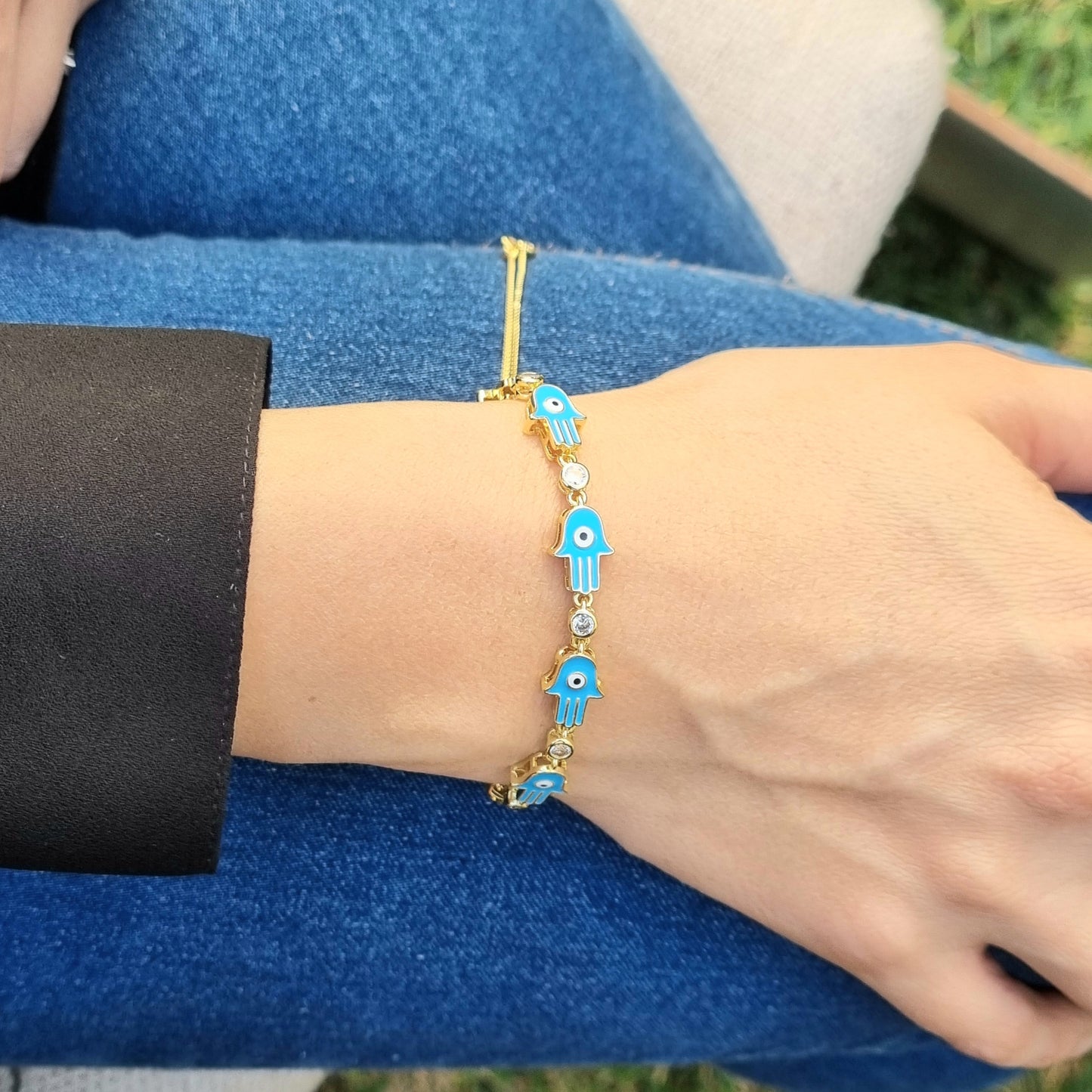 PULSERA CHAPA DE ORO MANITA ESMALTADA CON OJO DIFETENTES COLORES