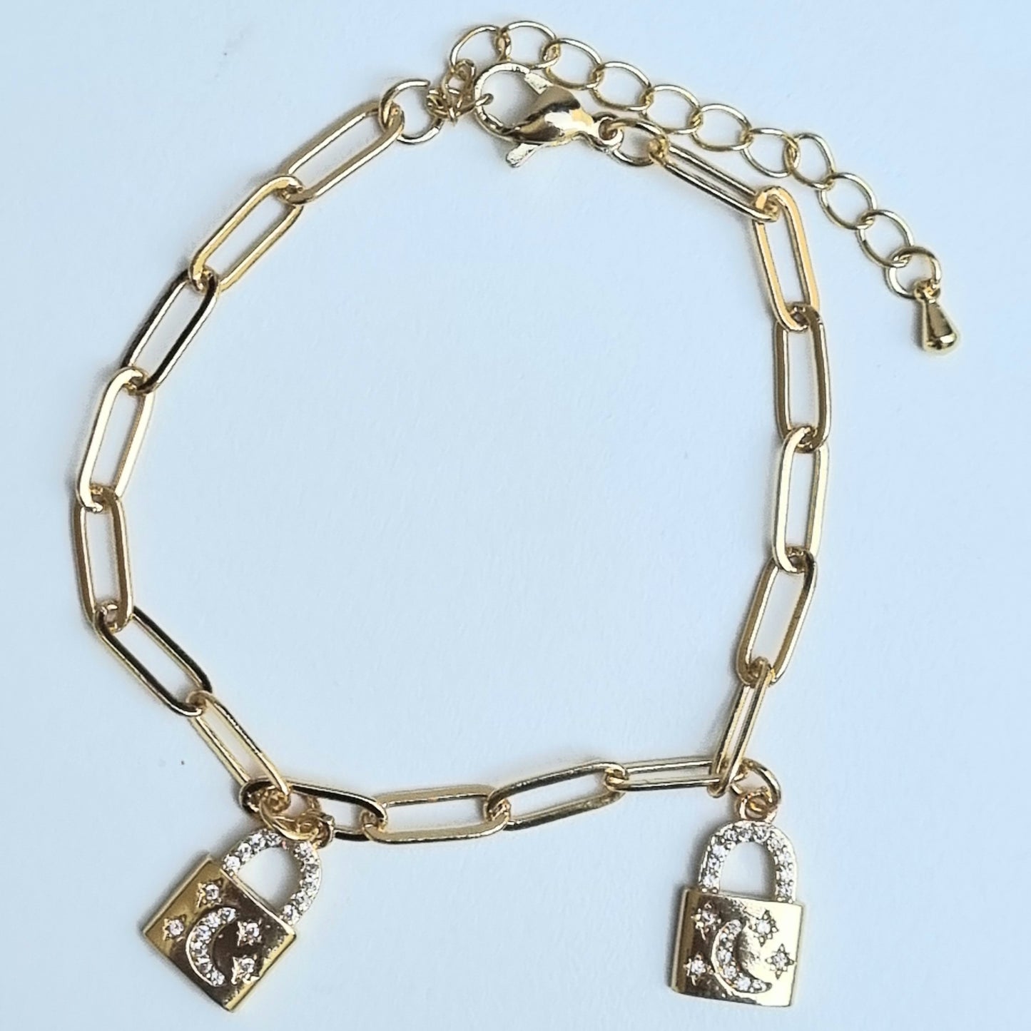 PULSERA CHAPA DOBLE CANDADO LUNA Y ESTRELLA CON ZIRCONIA